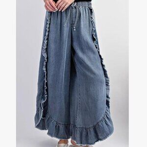 Wide Leg Ruffled Frayed Hem Elastic Tie Waist Pants
